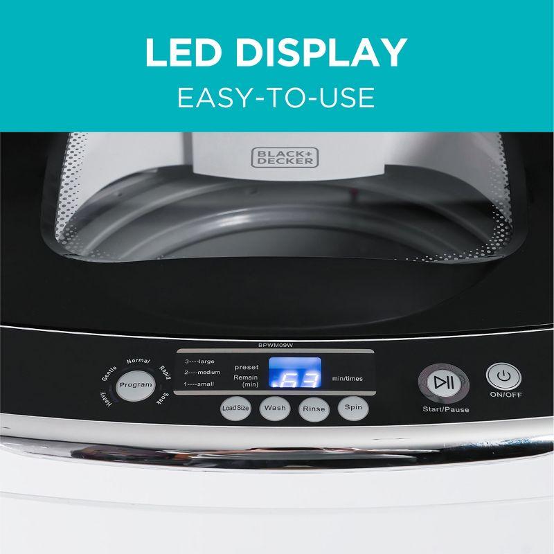 BLACK+DECKER Small Portable Washer, Washing Machine for Household Use, 0.9 Cu. Ft. with 5 Cycles, Transparent Lid & LED Display