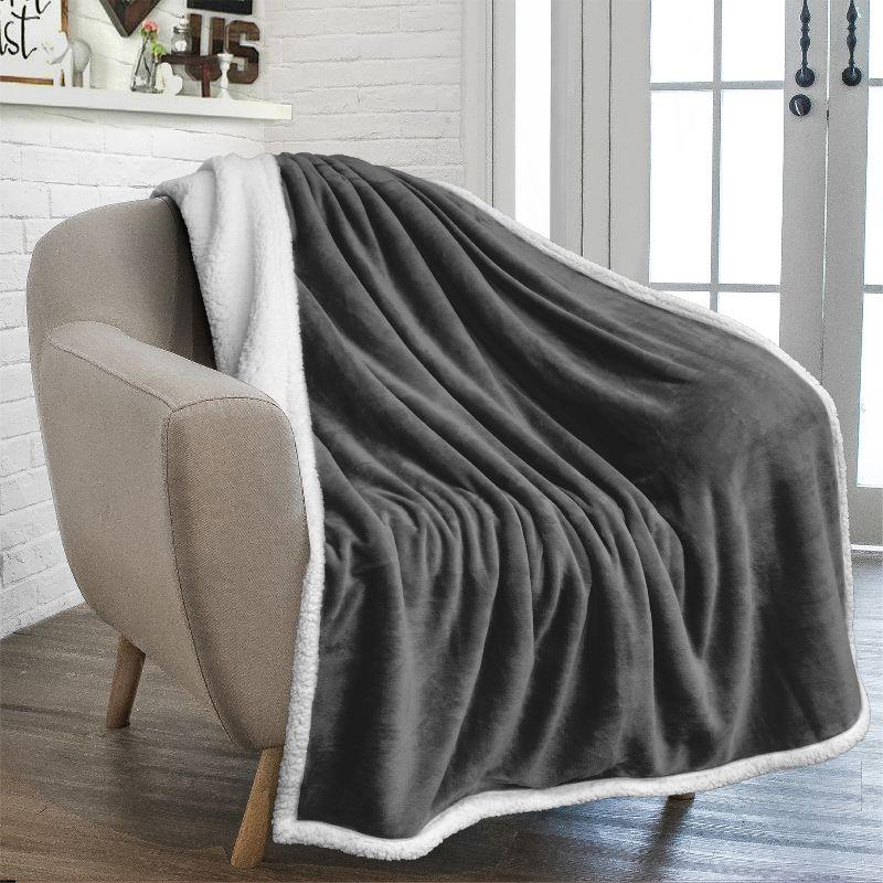 PAVILIA Premium Faux Shearling Fleece Throw Blanket for Bed, Reversible Warm Blanket for Couch Sofa