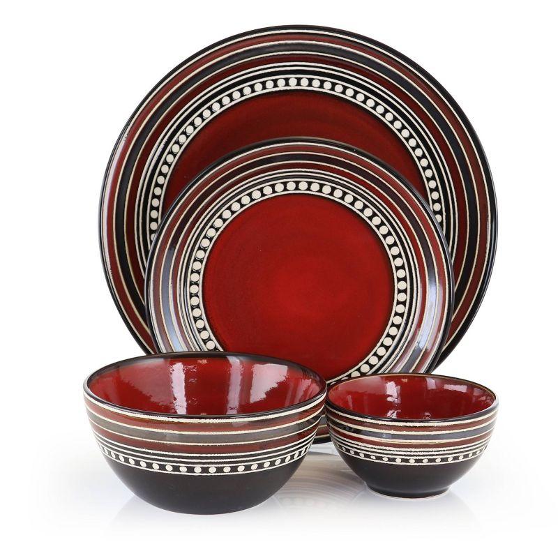 Gibson Home 16pc Stoneware Cafe Versailles Double Bowl Dinnerware Set Red: Geometric Dishware, Microwave & Dishwasher Safe