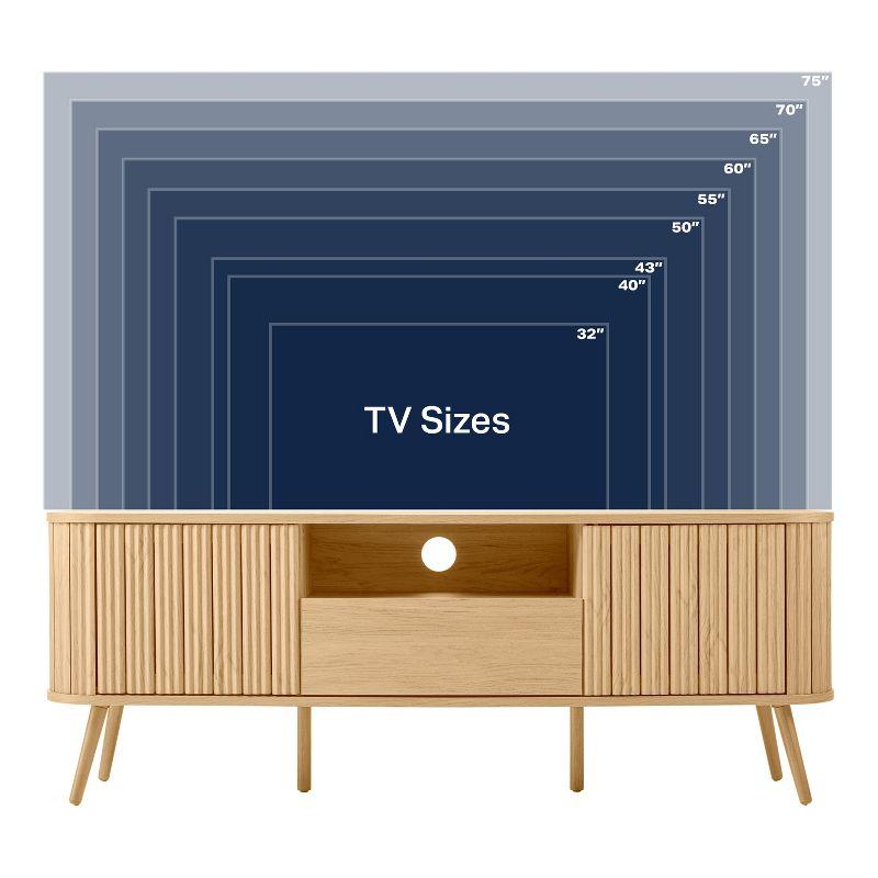 JONATHAN Y Damien 70 in. Farmhouse Curved TV Stand with Drawer and Storage Doors Fits TVs up to 75 in. with Cable Management, Oak