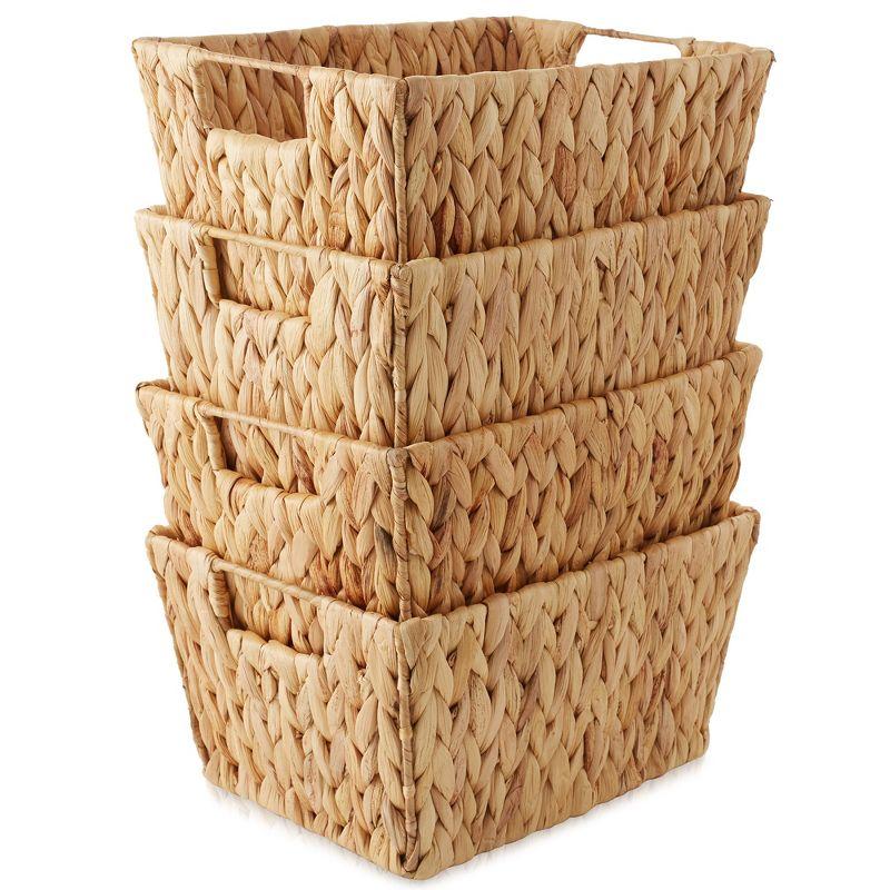 Casafield Set of 4 Water Hyacinth Storage Baskets with Handles, 12" x 9" x 6" Rectangular Storage Bins for Shelves, Blankets, Laundry Organization