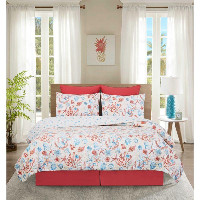 Shelly Shores White/Blue/Red Cotton Reversible Quilt Set