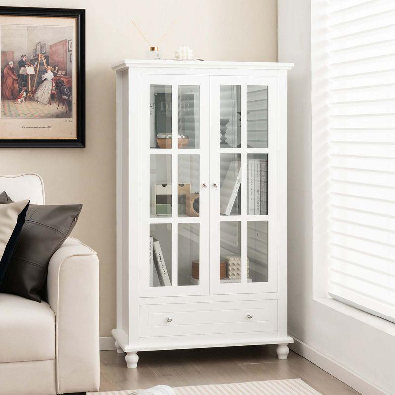 White Adjustable Wood Bookcase Cabinet with Glass Doors