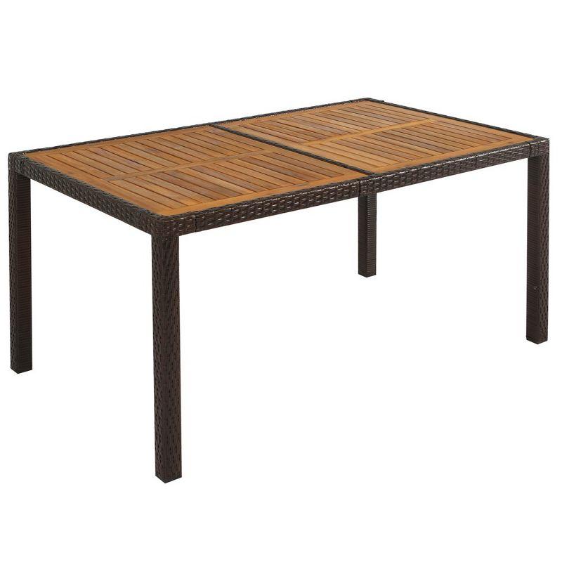 7 Piece Patio Dining Set, PE Rattan Outdoor Table And Chairs Dining Furniture Set With Stackable Armchairs & Cushions, Acacia Wood Table, For Backyard