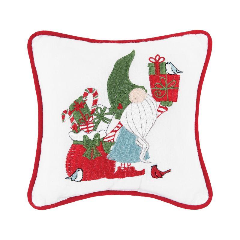 Holiday Gnome Presents Embroidered Cotton Throw Pillow