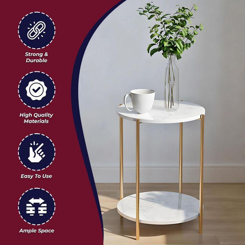 Kings Brand Furniture - Side End Table with White Faux Marble Storage Shelves & Gold Metal Frame