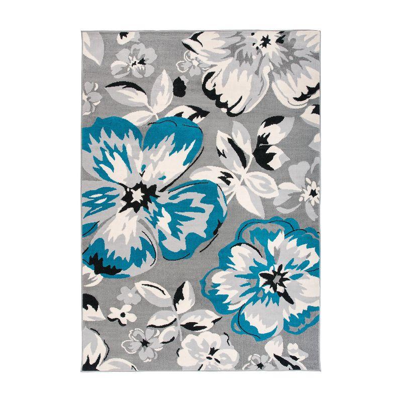 Elegant Blue Floral 5' x 7' Reversible Washable Rug