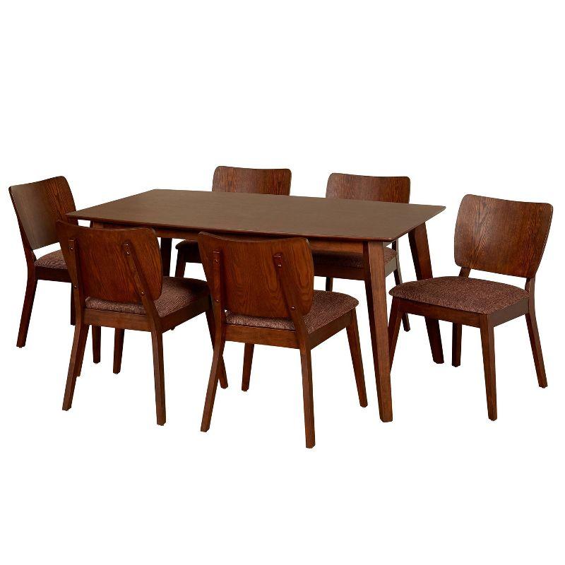 Bernard Walnut 7-Piece Mid-Century Dining Set with Upholstered Seats