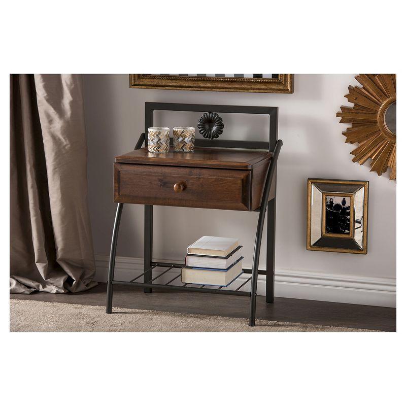 Jevenci Vintage Antique Dark Bronze Metal And Wood 1-Drawer Nightstand - Walnut - Baxton Studio