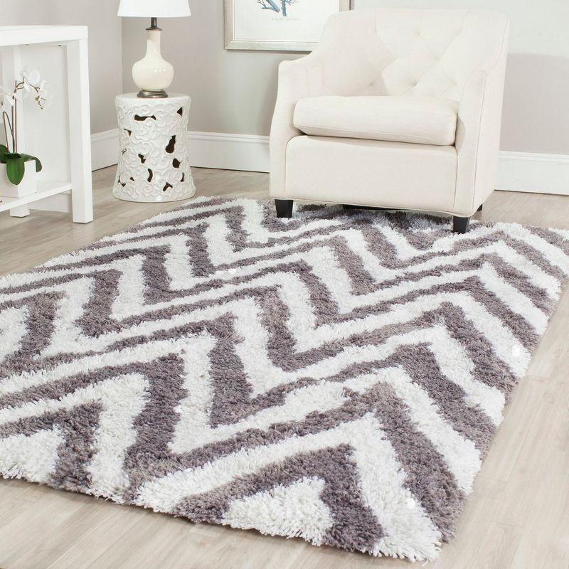 Ivory and Grey Chevron Hand-Tufted Shag Area Rug