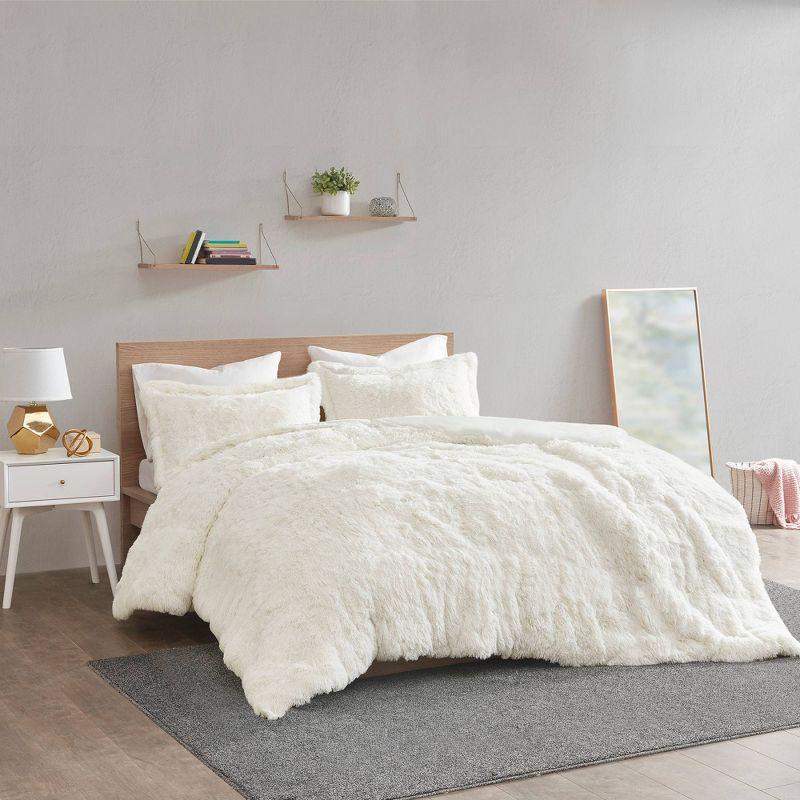 Ivory Shaggy Faux Fur Twin Duvet Cover Set