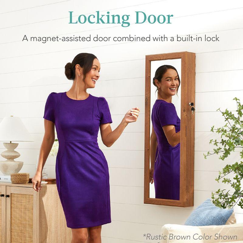 Best Choice Products Hanging Mirror Jewelry Armoire, Door or Wall Mounted Cabinet w/ LED Lights, Lock - Walnut