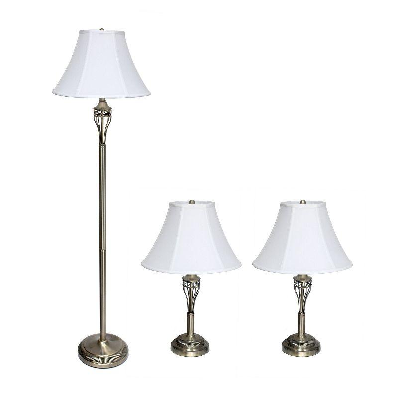 Antique Brass 3-Piece Lamp Set with White Bell Shades