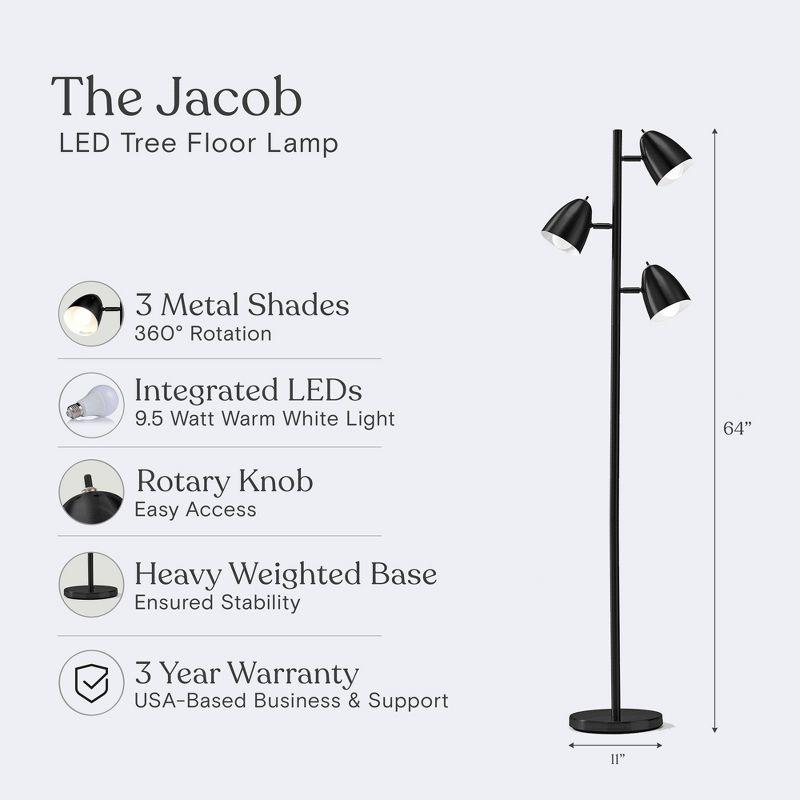 Brightech Jacob 64" Modern 3-Light Adjustable LED Floor Lamp with Black Finish and Metal Cone Shades, Bulbs Included