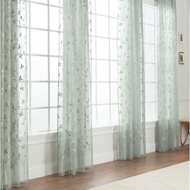 Sage Embroidered Vine Sheer Polyester Window Curtains, 52" x 96"