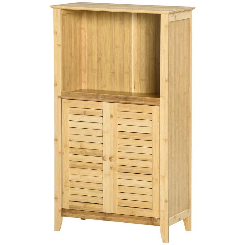 HOMCOM Bamboo Floor Cabinet Bathroom Floor Cabinet Living Room Organizer Tower with Multiple Shelves and Doors, Natural