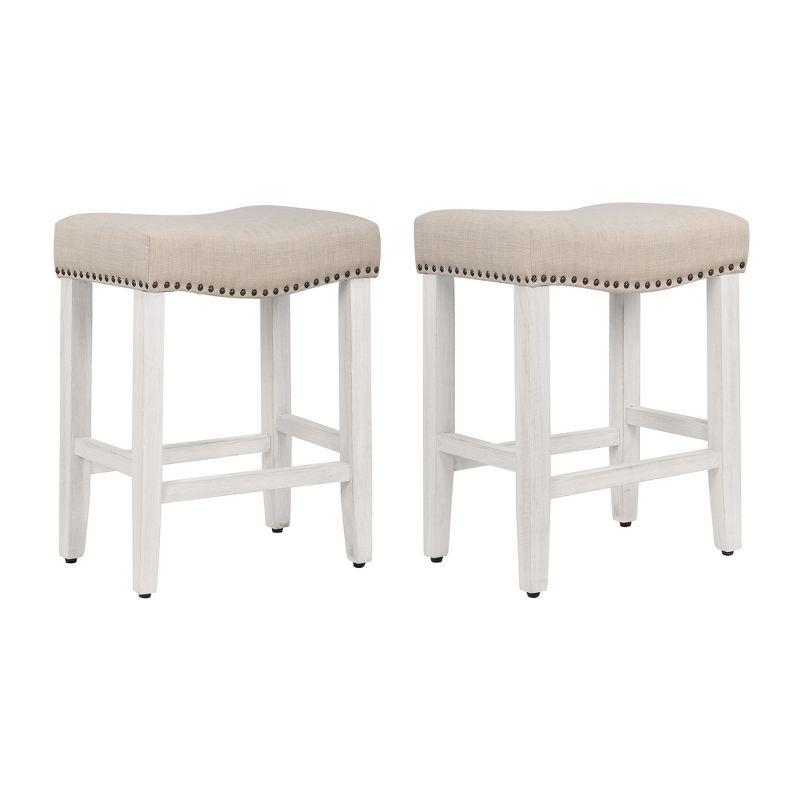 24" Beige Wood Upholstered Saddle Seat Counter Stool Set