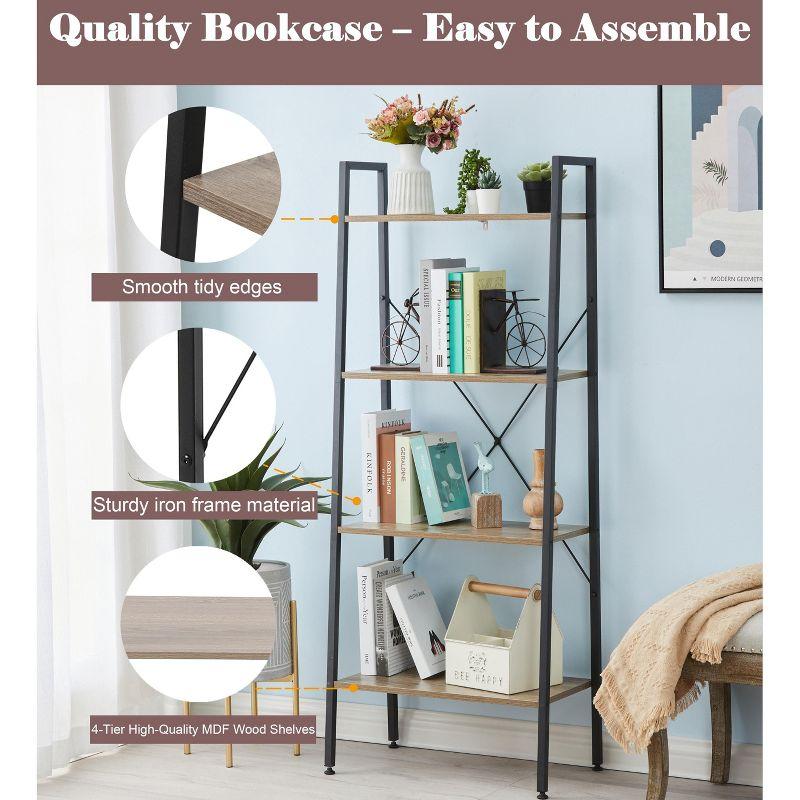 LuxenHome 4-Shelf 58.3" x 23.62" W Wood and Metal Ladder Bookcase. Brown