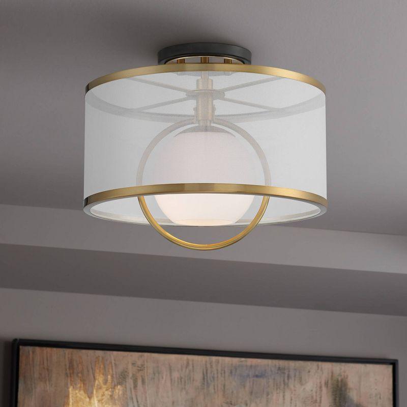 Possini Euro Design Carlyn Modern Art Deco Ceiling Light Semi Flush Mount Fixture 14" Wide Warm Brass Black Orb Organza Drum Shade for Bedroom Kitchen