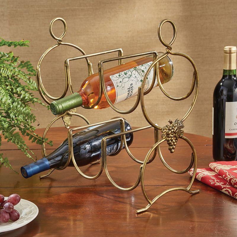 Gold Metal Two-Tier Wine Bottle Rack with Grapevine Accents