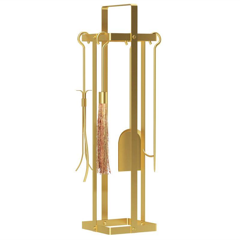 Outsunny 5 Piece Fireplace Tools Set, Metal Fireplace Accessories Set with Brush, Poker, Shovel, Tongs and Stand for Indoor or Outdoor Chimney, Gold