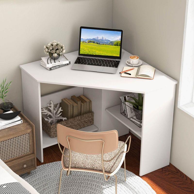 Costway Corner Computer Desk Triangle Writing Workstation w/ Storage Shelf White