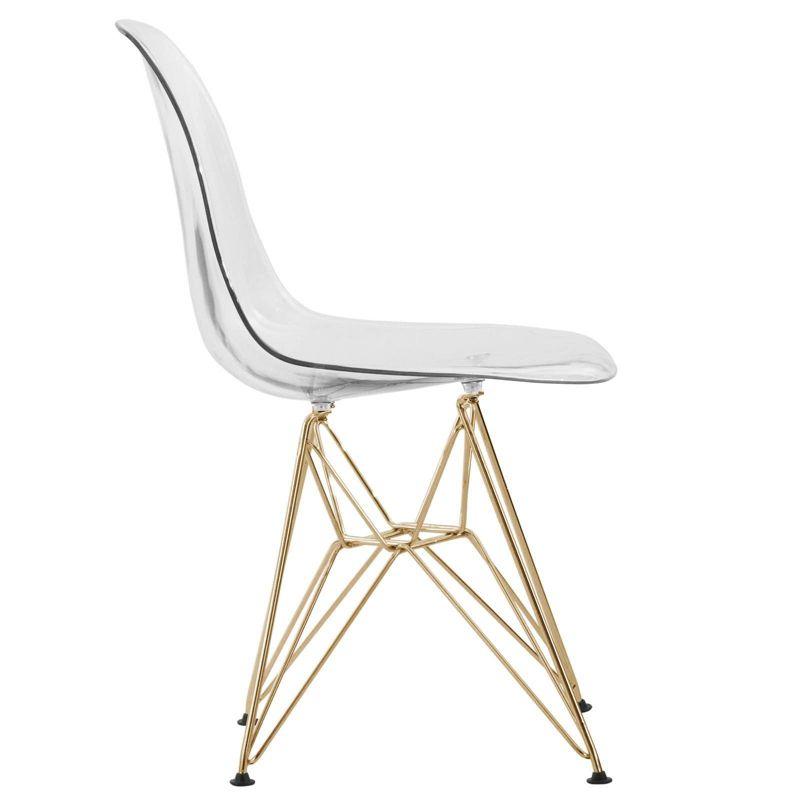 LeisureMod 5-Piece Dining Set with 35" Round Dining Table in White Iron Pedestal Base and 4 ABS Plastic Side Chair with Gold Base, Clear