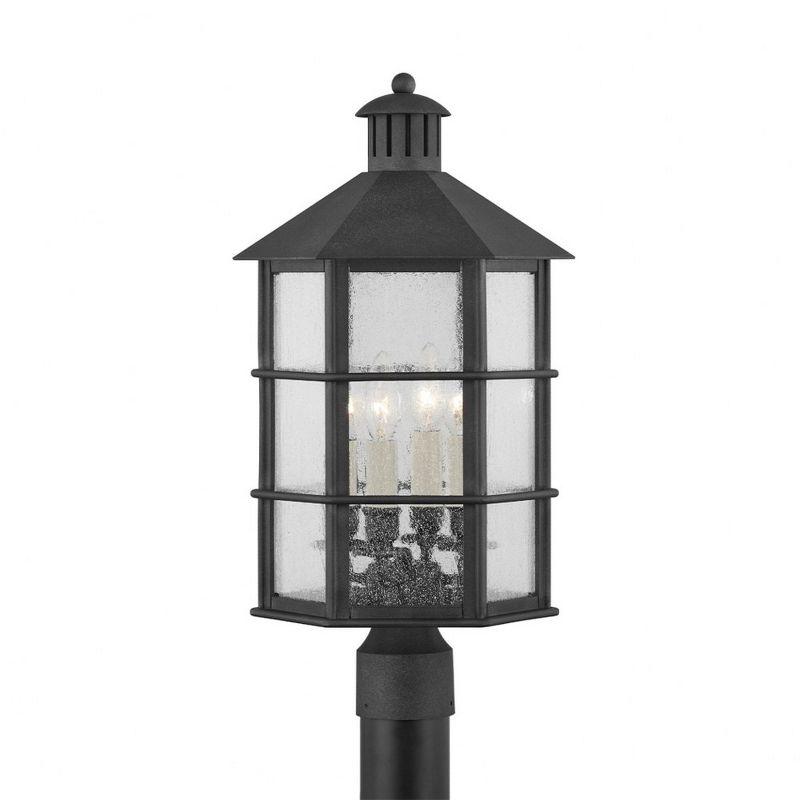 French Iron Clear Seeded Glass 4-Light Outdoor Post Lamp