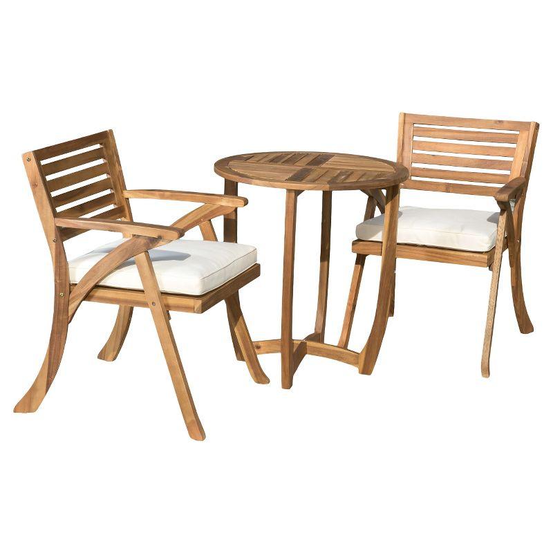 Coronado 3pc Acacia Wood Patio Bistro Set with Cushions - Teak Finish - Christopher Knight Home: Outdoor Dining Furniture with Weather-Resistant Frame