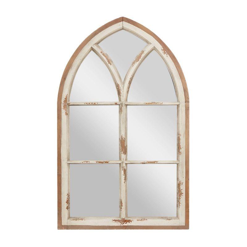 Wood Window Panes Inspired Wall Mirror with Arched Top and Distressing White/Brown - Olivia & May: Cathedral Style, Antiqued Finish