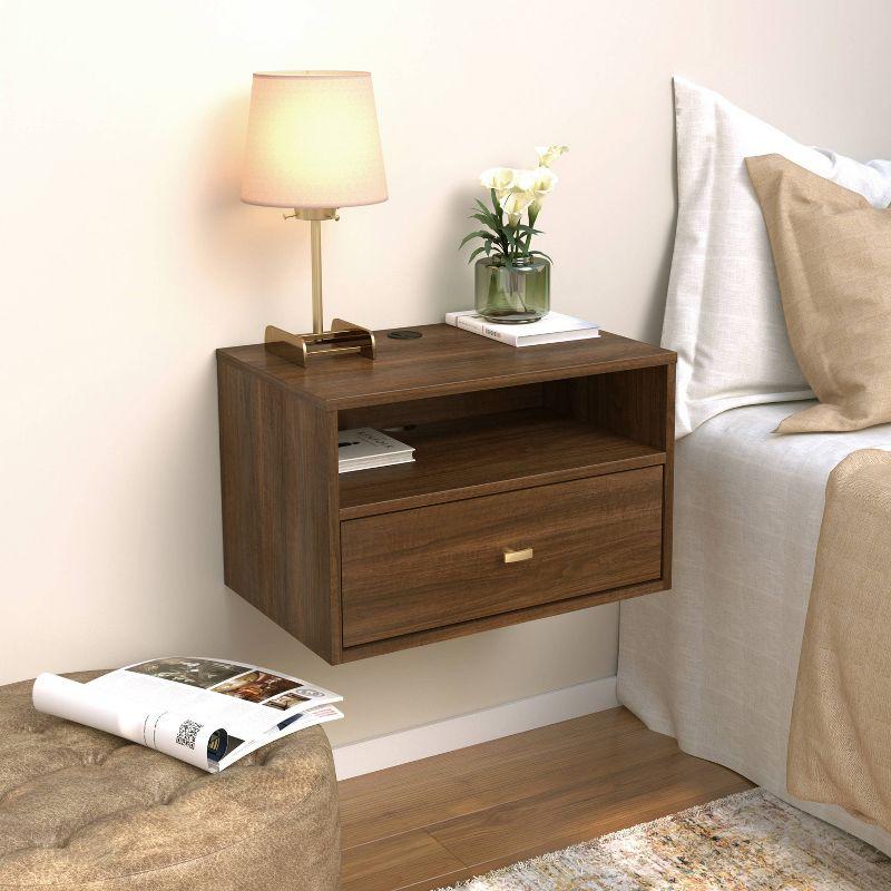 Cherry Laminated Floating Nightstand with Drawer and Open Shelf