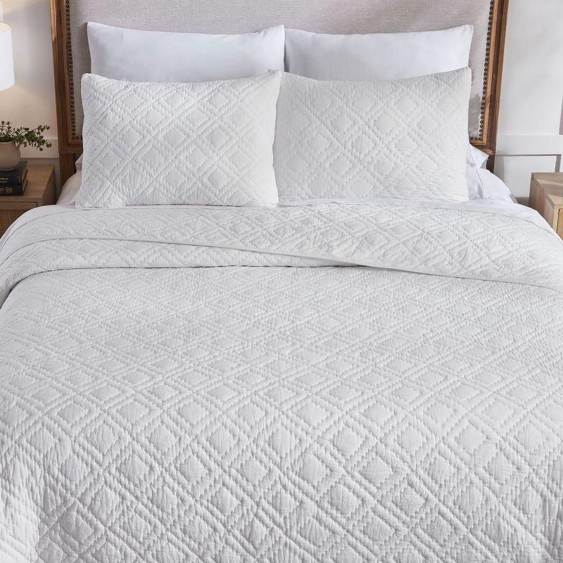 Luxury 100% Cotton Quilt Set, Hand-Quilted, Pre-Softened, Diamond Pattern by California Design Den - White, King