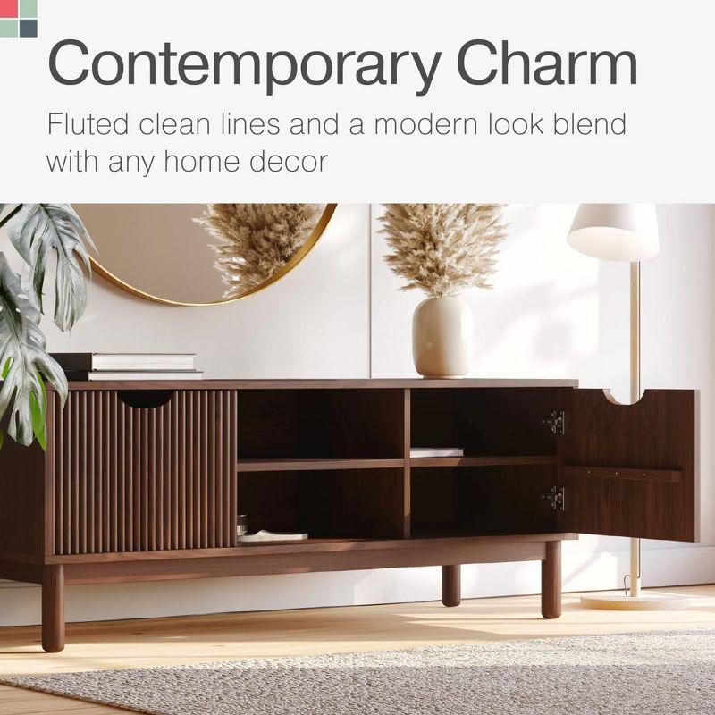 Stead Low Profile Fluted TV Stand - Mid Century Media Console - 48” Entertainment Center with Shelves and Doors, Walnut Finish