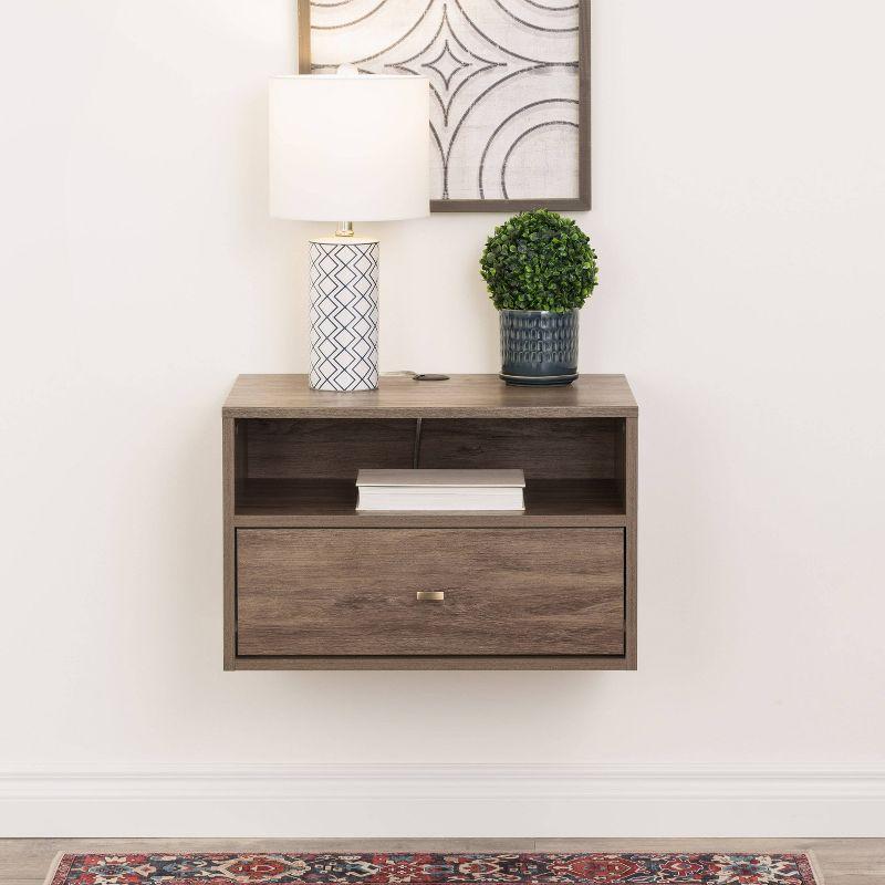 Floating 1 Drawer Nightstand with Open Shelf Drifted Gray - Prepac: Laminated, Cable Management, Metal Glides