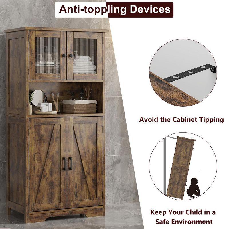 Freestanding Floor Linen Storage Cabinet with Glass Doors & Adjustable Shelves, Standing Cupboard for Bathroom, Kitchen, Living Room, Vintage