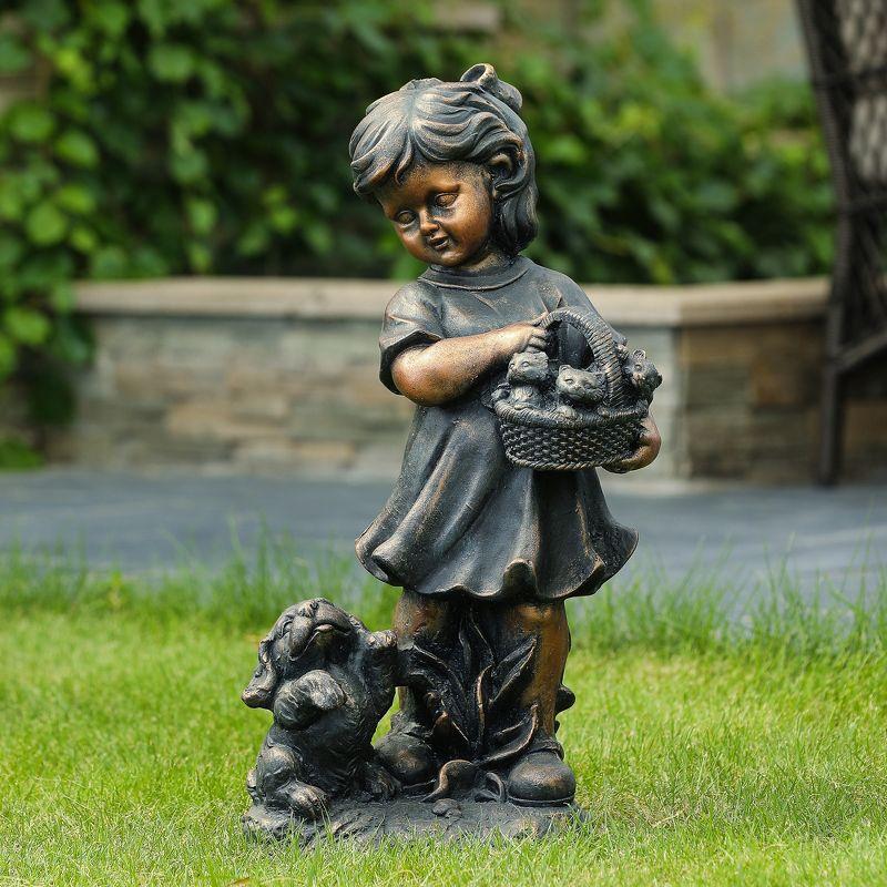 LuxenHome 23.31" Bronze MgO Girl Holding Basket of Kittens with Puppy Garden Statue Brown