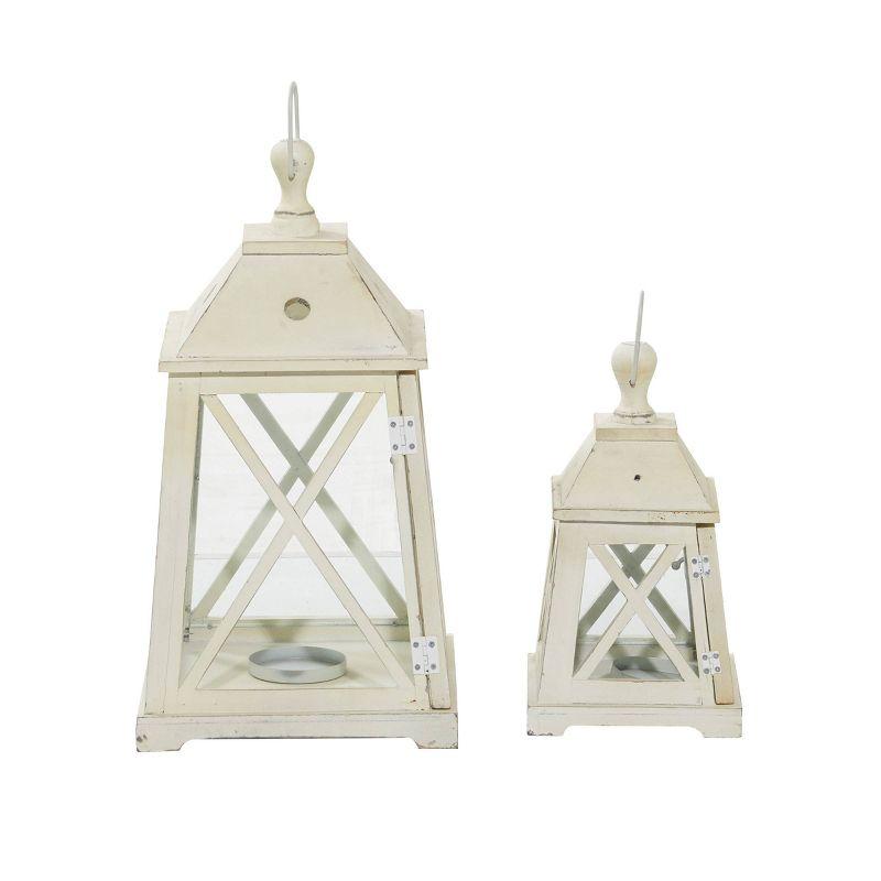 Set of 2 Trapezoid Wood/Glass Candle Holders White - Olivia & May: Elegant Lantern Design for Pillar Candles