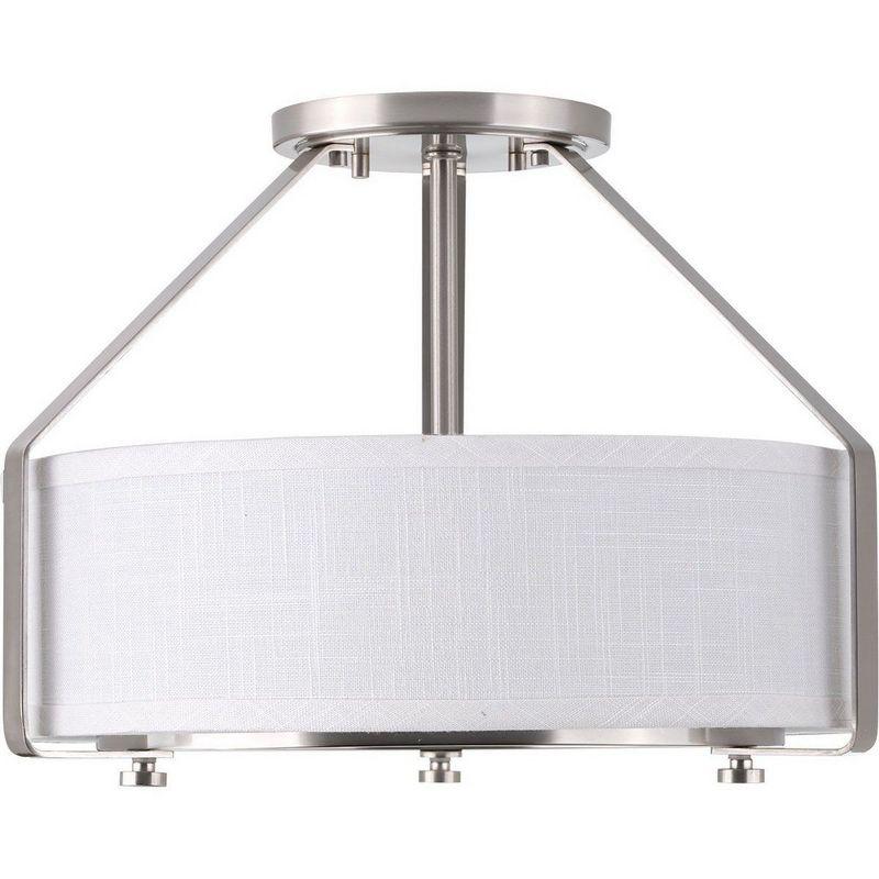 Progress Lighting, Ratio Collection, 3-Light Semi-Flush, Brushed Nickel, White Linen Drum Shade