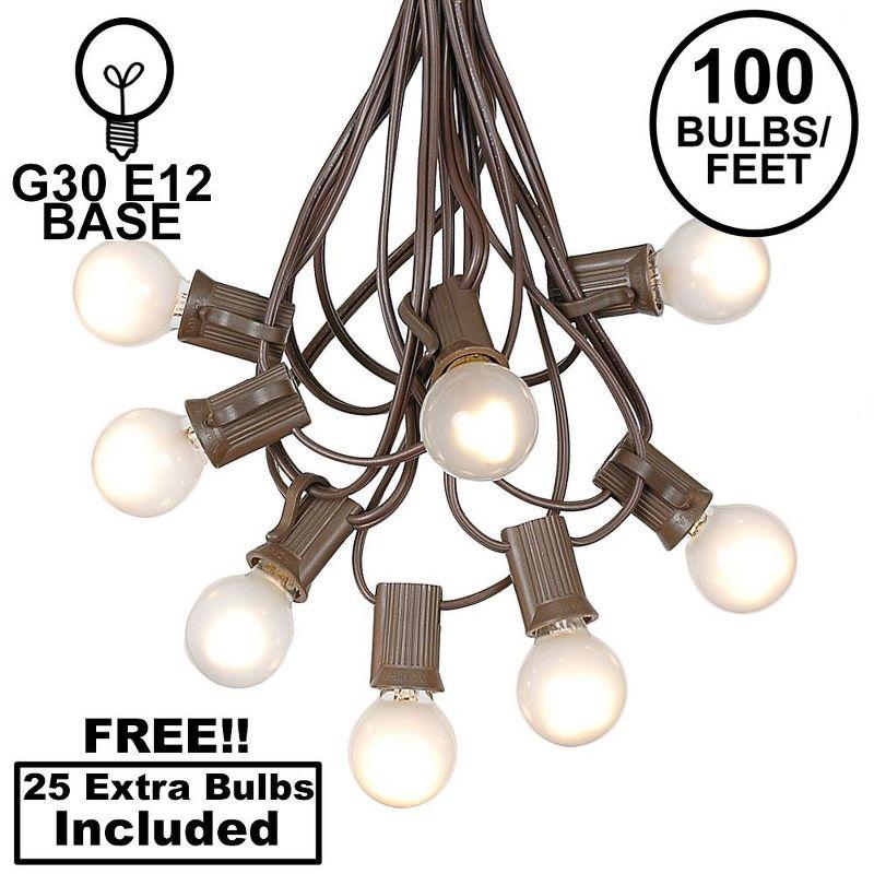 100-Foot Frosted White Globe Outdoor String Lights with Brown Wire