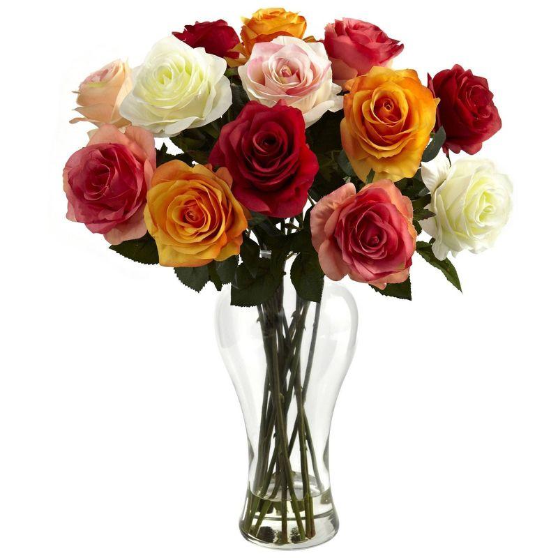 Nearly Natural Assorted Blooming Roses with Vase, Assorted Pastels