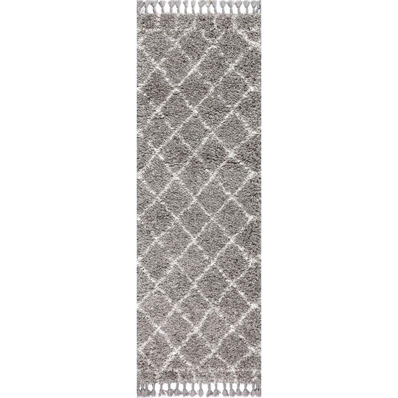 2'x8' Mercer Shag Plush Tassel Moroccan Geometric Trellis Area Rug, Grey/Cream - JONATHAN Y