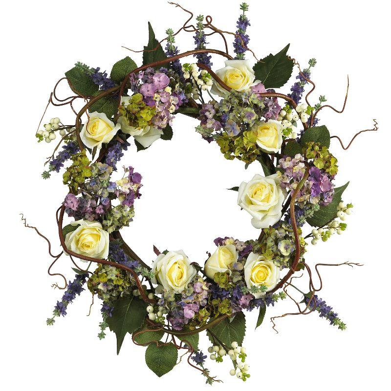 Nearly Natural 24-in Hydrangea Rose Wreath