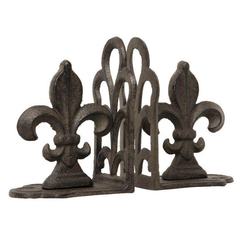 Storied Home Decorative Metal Fleur de Lis Bookends, Brown, Set of 2