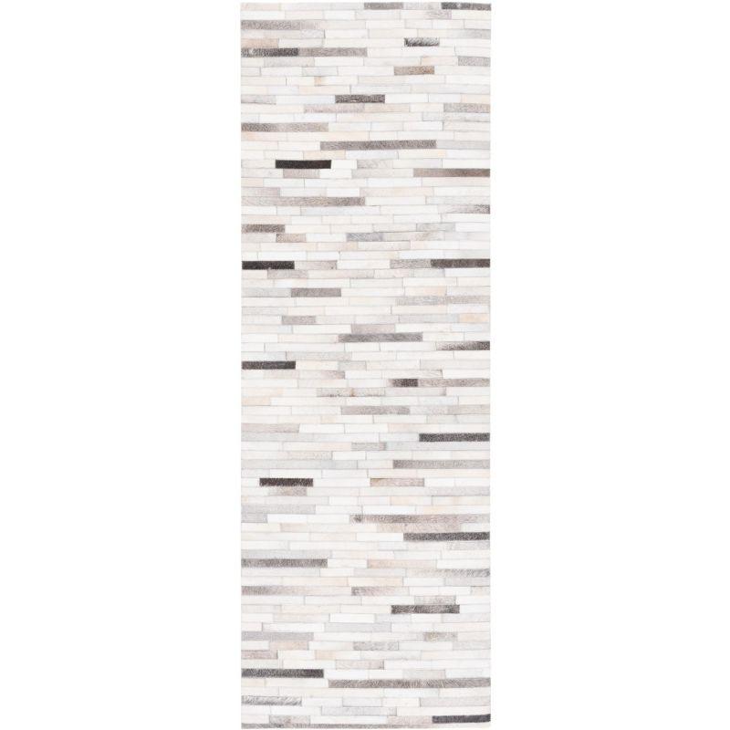 Hand-Stitched Geometric Gray Cowhide Area Rug - 2'3" x 7'