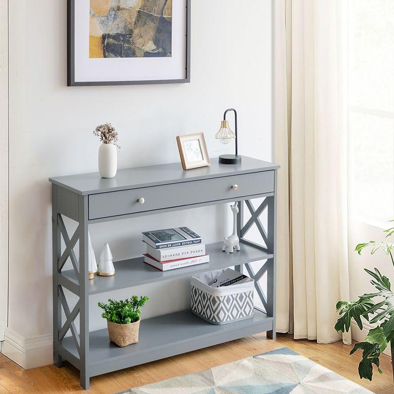 Costway 3-Tier Console Table X-Design Sofa Entryway Table with Drawer & Shelves Gray\ Espresso