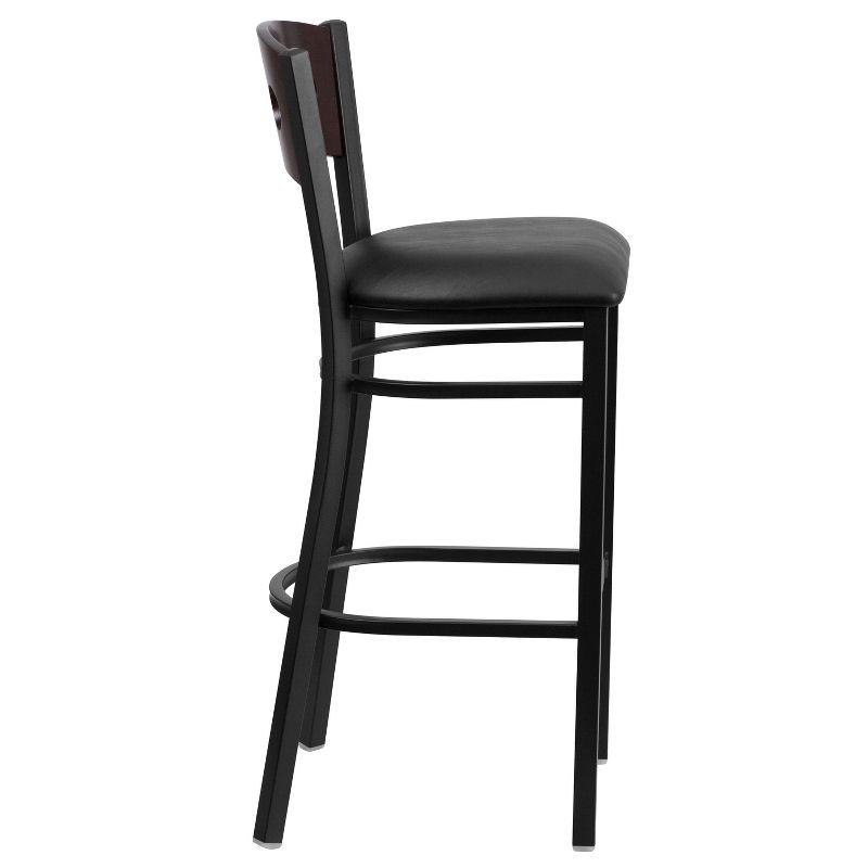 Walnut and Black Metal Barstool with Decorative Back and Vinyl Seat