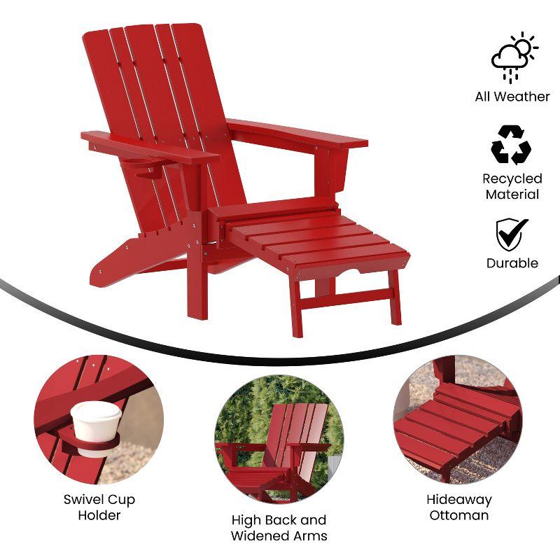 Flash Furniture Halifax HDPE Adirondack Chair with Cup Holder and Pull Out Ottoman, All-Weather HDPE Indoor/Outdoor Lounge Chair in Red