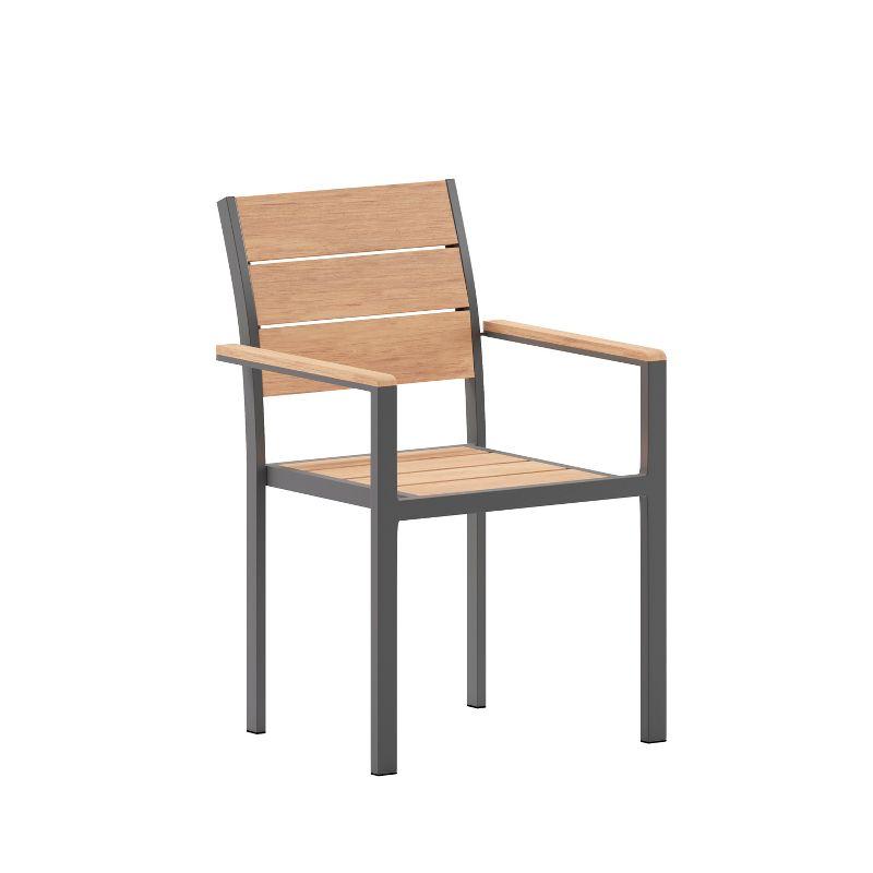 Gray Metal Patio Dining Chair with Natural Faux Teak Slats