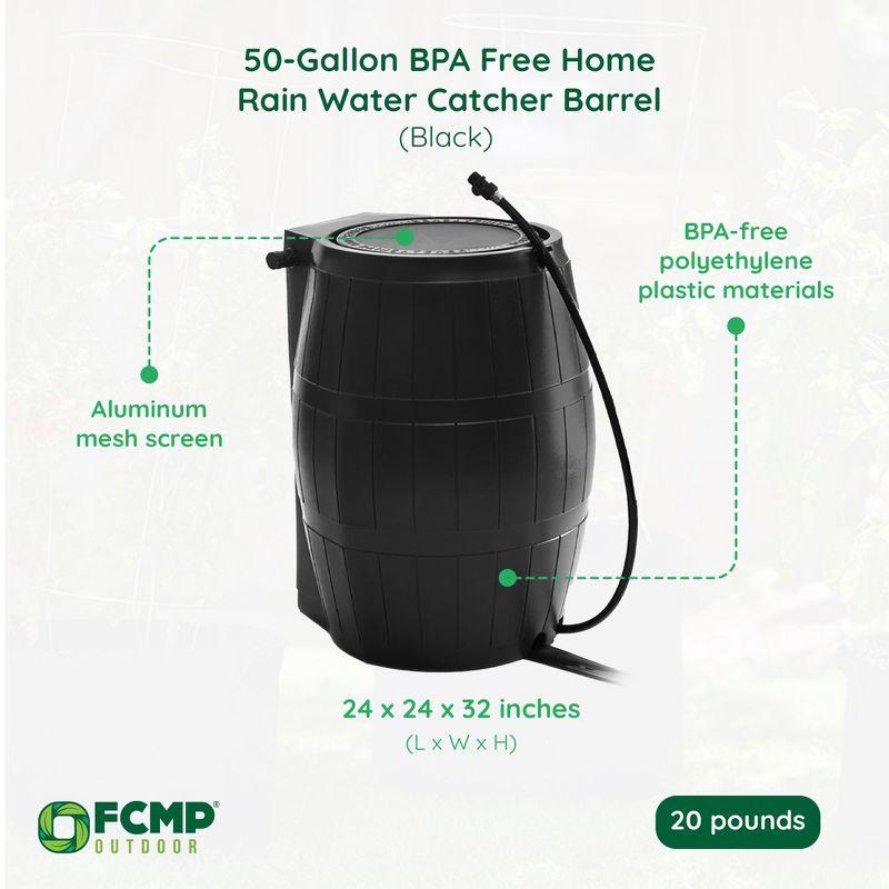 FCMP Outdoor RC4000-BLK 50 Gallon Flat Back Outdoor Home Rain Catcher Water Storage Collection Barrel for Watering Outdoor Plants and Gardens, Black