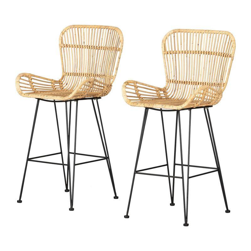 Balka Rattan and Black Metal Counter Stools with Armrests, Set of 2